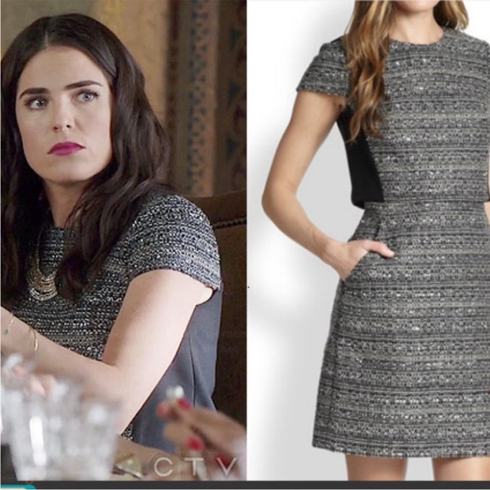 Tory Burch Deandra Tweed Mock Crepe Detail Metallic Silver Mini Dress Size 4